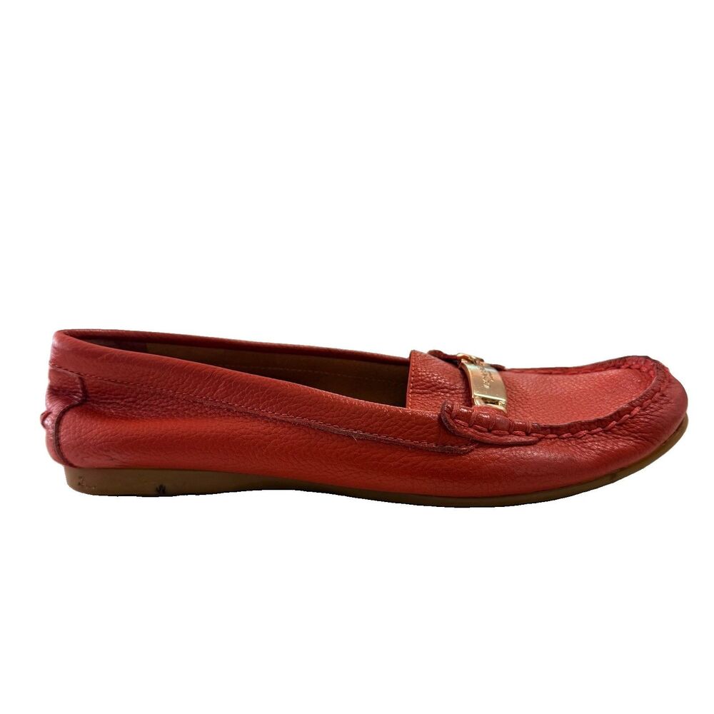 COACH Olive Leather Loafers Women’s 6.5B Coral Orange Gold Hardware SlipOn Flats